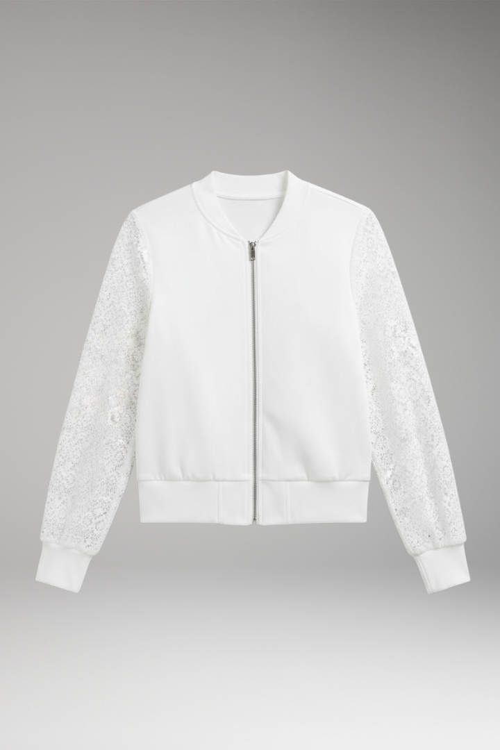 Women's Lace Sleeve Bomber Jacket Elastic Cuffs - Vonnera