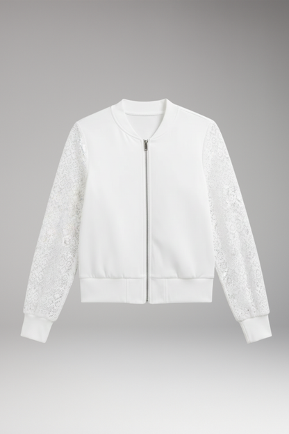 Women's Lace Sleeve Bomber Jacket Elastic Cuffs - Vonnera