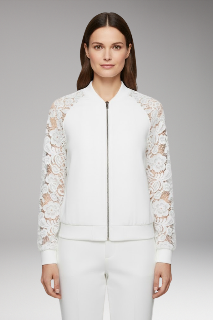 Women's Lace Sleeve Bomber Jacket Full Zipper