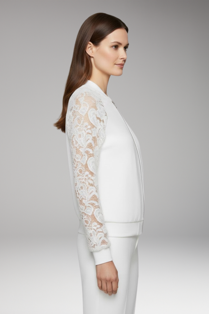 Women's Lace Sleeve Bomber Jacket Full Zipper