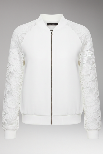 Women's Lace Sleeve Bomber Jacket Full Zipper - Vonnera