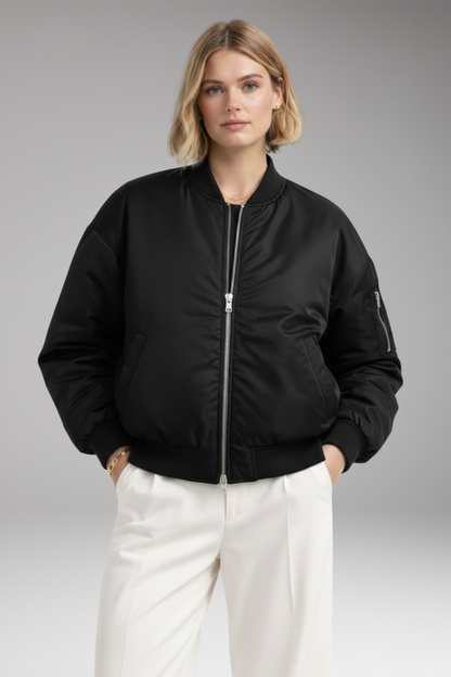 Women's Bomber Jacket Ribbed Zipper Black
