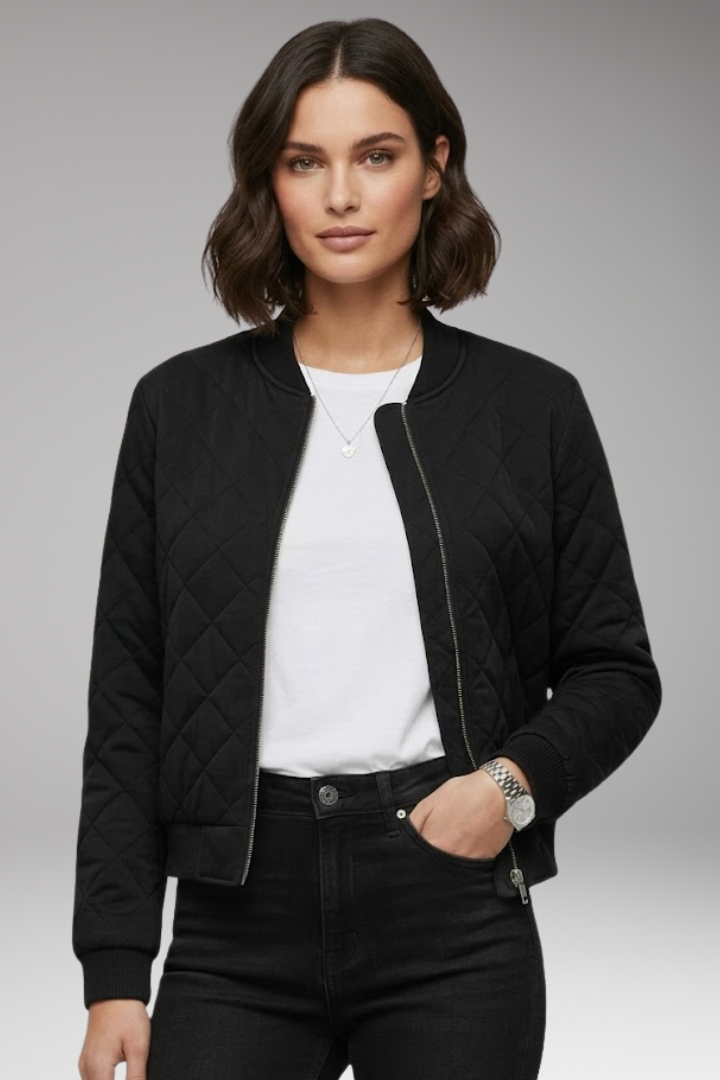 Women's Bomber Jacket Zipper Ribbed Black