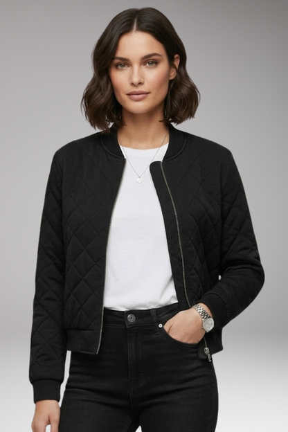 Women's Bomber Jacket Zipper Ribbed Black