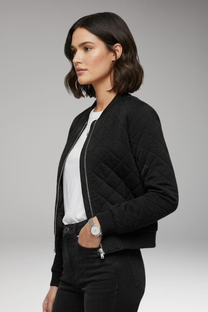 Women's Bomber Jacket Zipper Ribbed Black