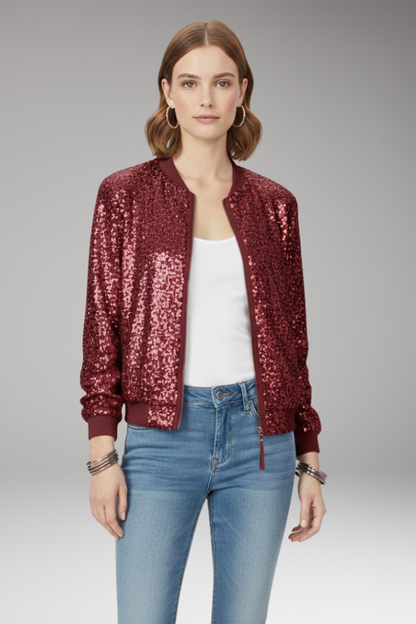 Women's Glitter Bomber Jacket Zipper Front