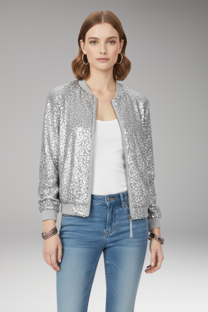 Women's Glitter Bomber Jacket Zipper Front