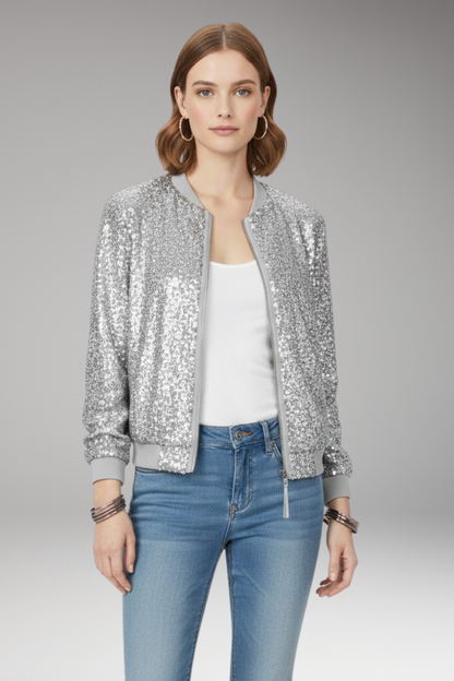 Women's Glitter Bomber Jacket Zipper Front