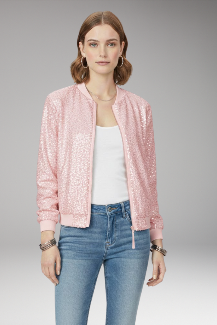 Women's Glitter Bomber Jacket Zipper Front