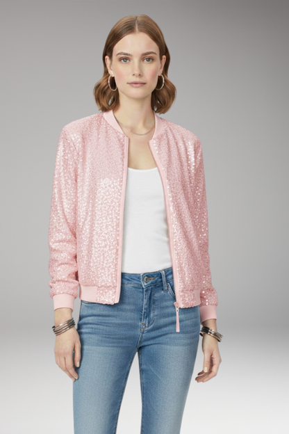 Women's Glitter Bomber Jacket Zipper Front