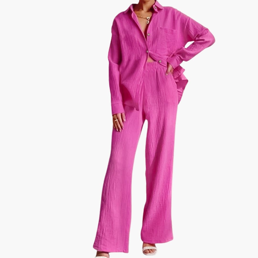 Women's Two-Piece Button-Down Shirt And Pants Set - Vonnera