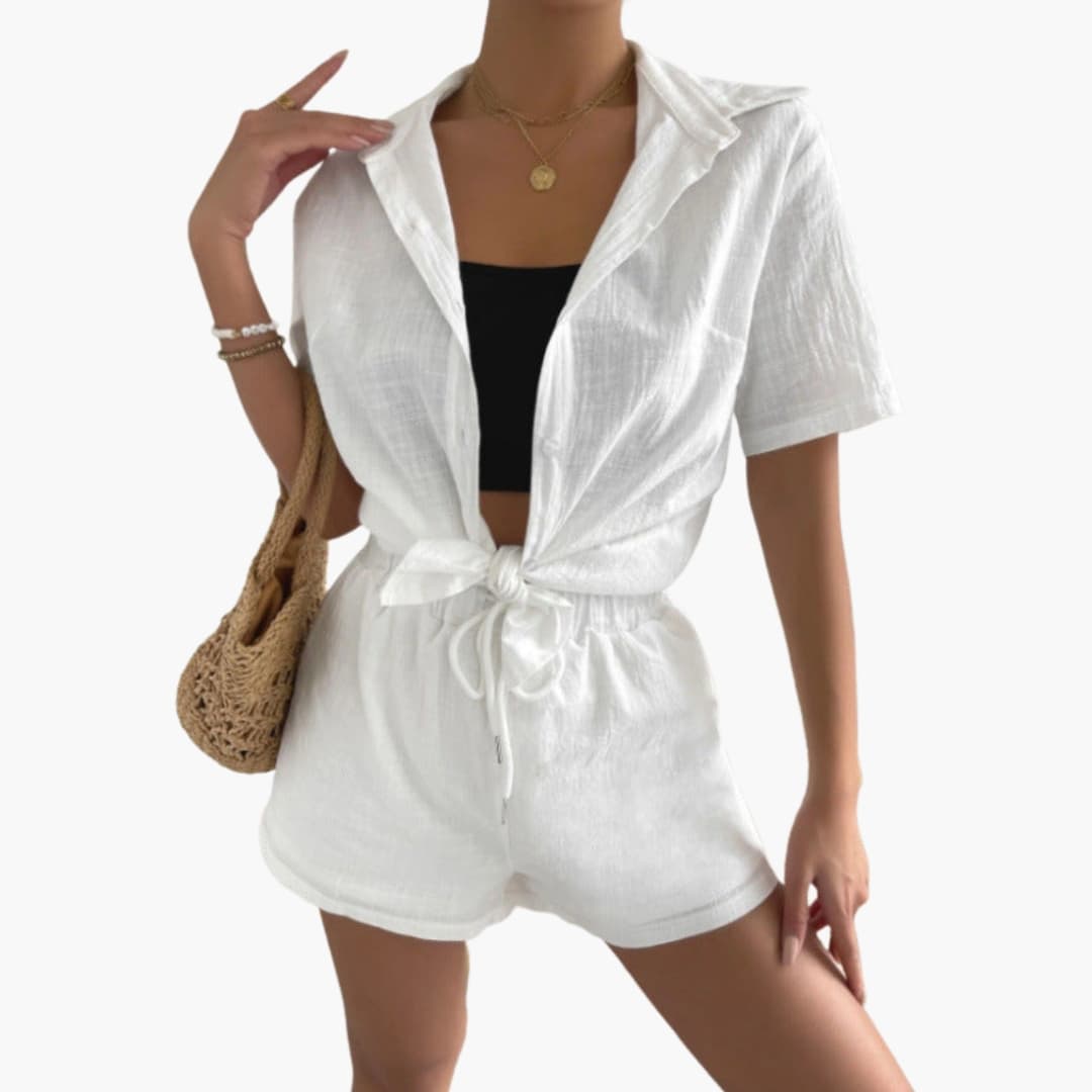 Women's Two-Piece Shorts Set Button Front Shirt Drawstring Waist