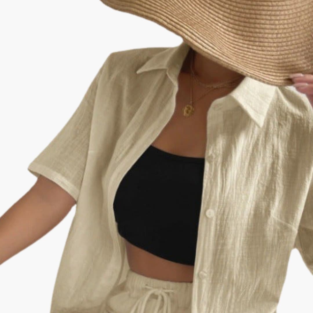 Women's Two-Piece Shorts Set Button Front Shirt Drawstring Waist - Vonnera