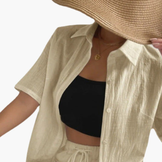 Women's Two-Piece Shorts Set Button Front Shirt Drawstring Waist - Vonnera