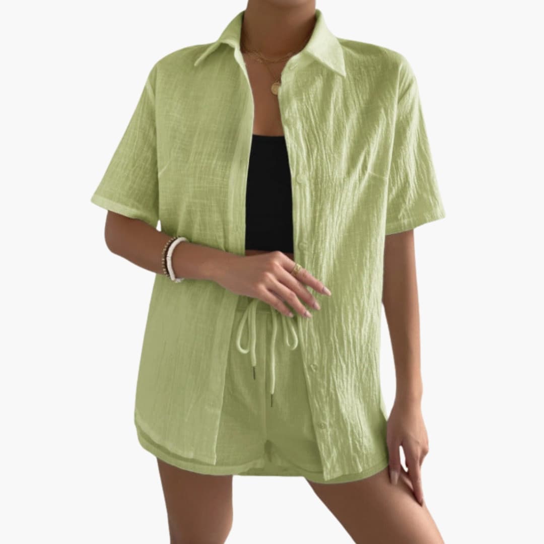 Women's Two-Piece Shorts Set Button Front Shirt Drawstring Waist