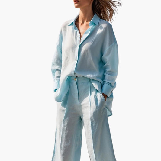 Women's Two-Piece Suit Button Front Shirt Wide Leg Pants - Vonnera