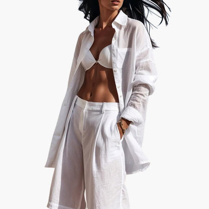 Women's Two-Piece Suit Button Front Shirt Wide Leg Pants