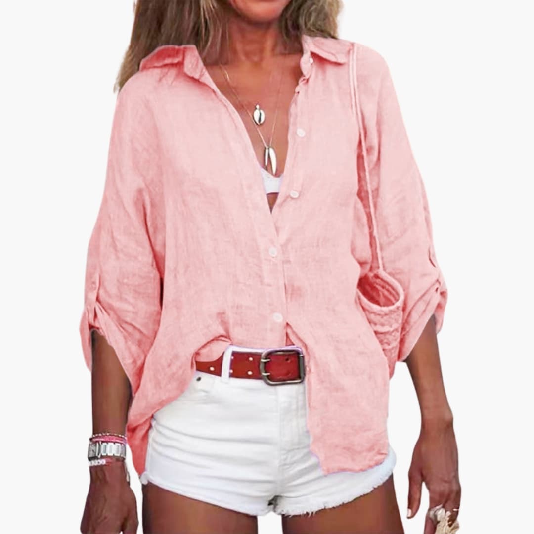 Women's Long Sleeve Cotton Blouse Crew Neck Beige - Vonnera