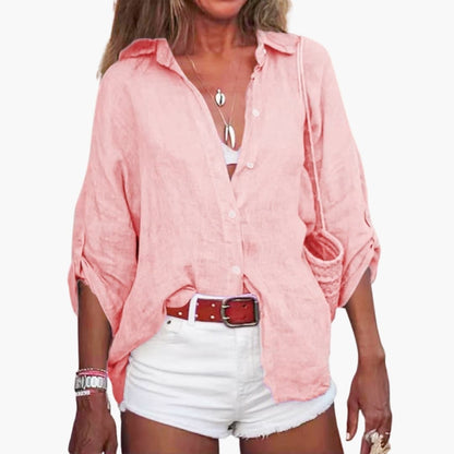 Women's Long Sleeve Cotton Blouse Crew Neck Beige - Vonnera