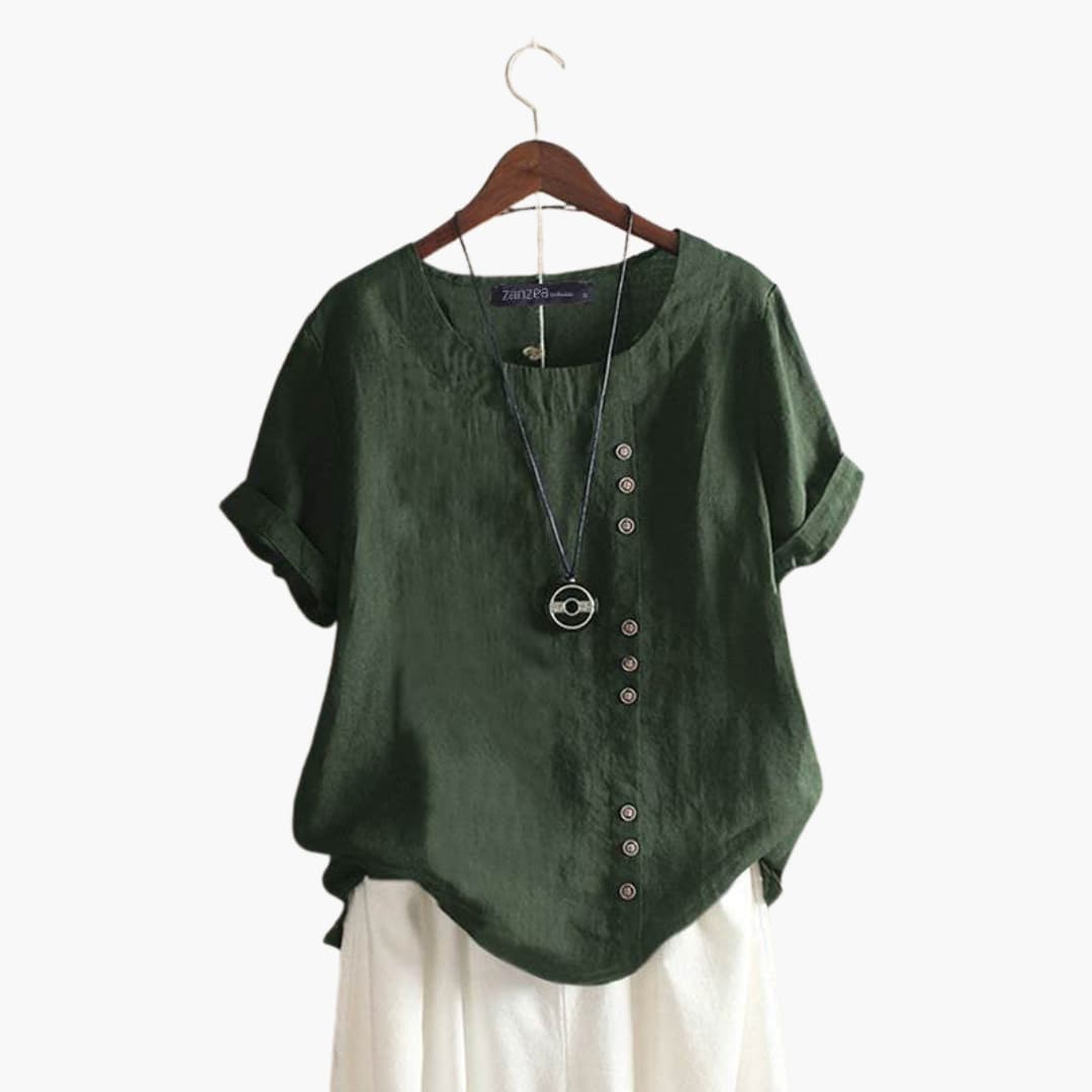 Women's Cotton Crew Neck Blouse Diagonal Button Detail - Vonnera