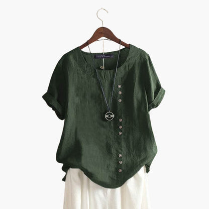 Women's Cotton Crew Neck Blouse Diagonal Button Detail - Vonnera