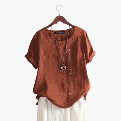 Women's Cotton Crew Neck Blouse Diagonal Button Detail
