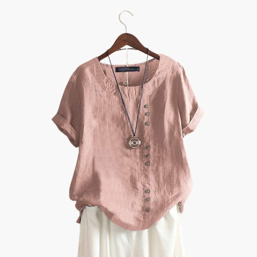 Women's Cotton Crew Neck Blouse Diagonal Button Detail