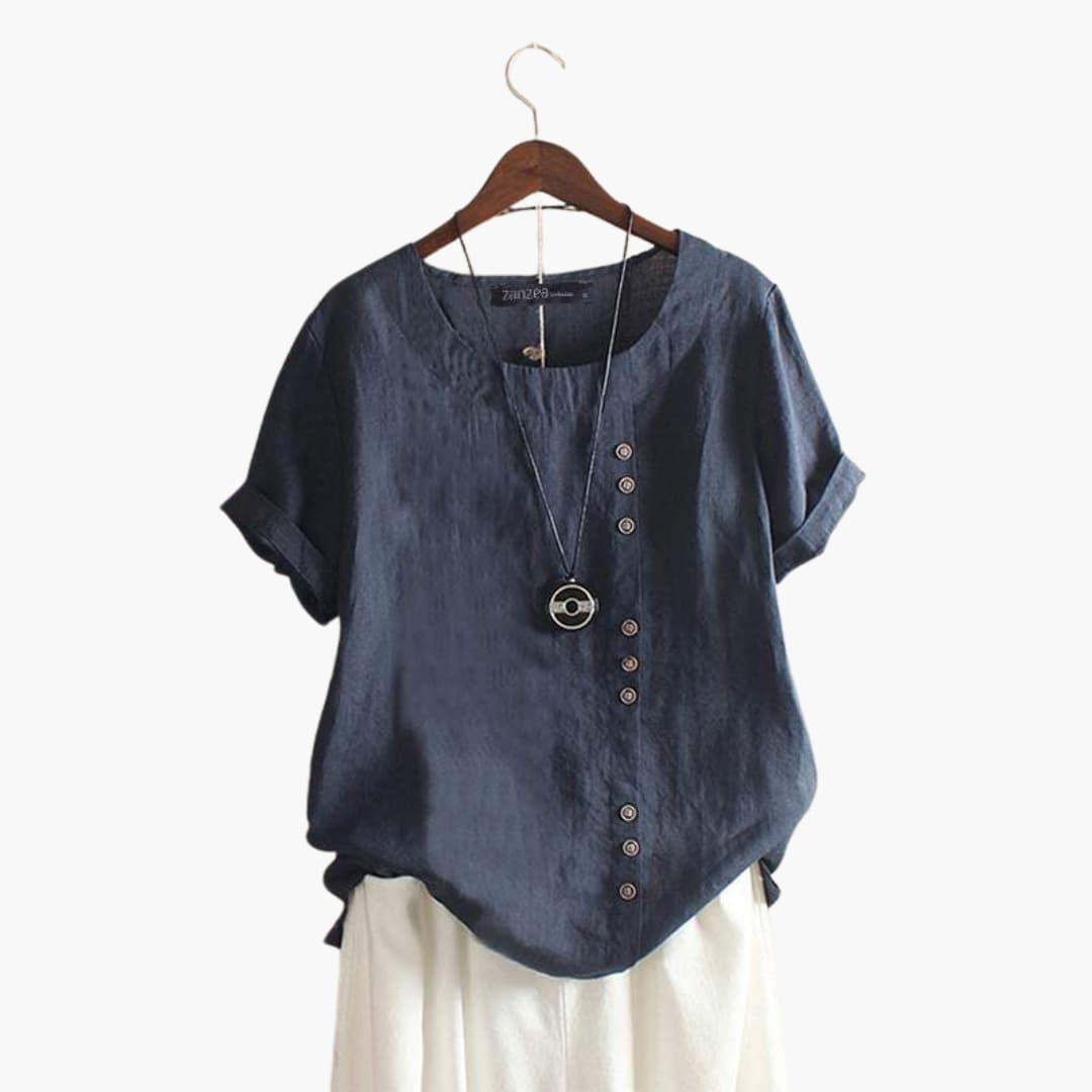 Women's Cotton Crew Neck Blouse Diagonal Button Detail