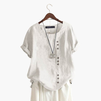 Women's Cotton Crew Neck Blouse Diagonal Button Detail