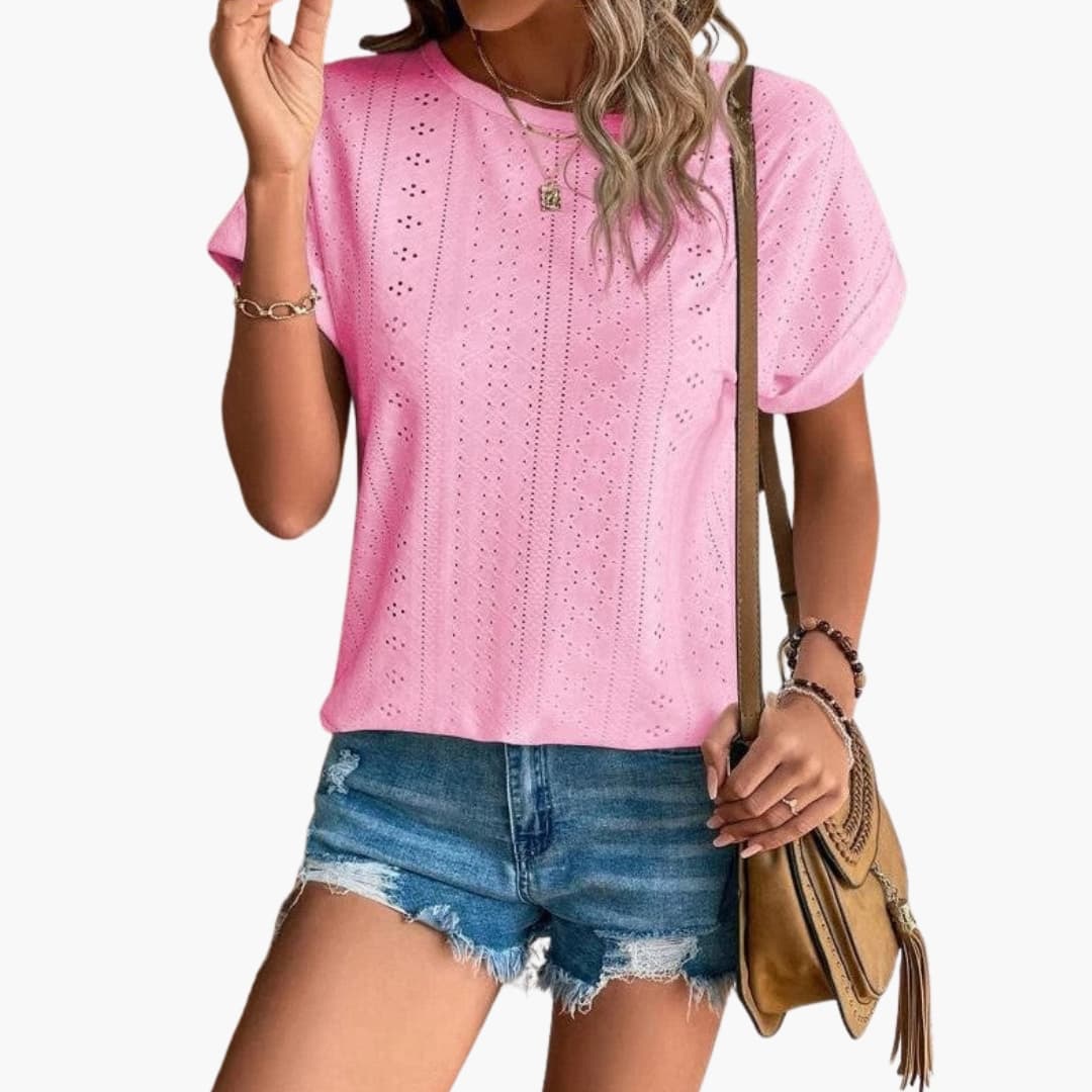 Women's Short Sleeve T-Shirt Crew Neck Eyelet Pattern - Vonnera