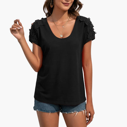 Women's Short Sleeve T-Shirt Floral Lace Trim Crew Neck - Vonnera