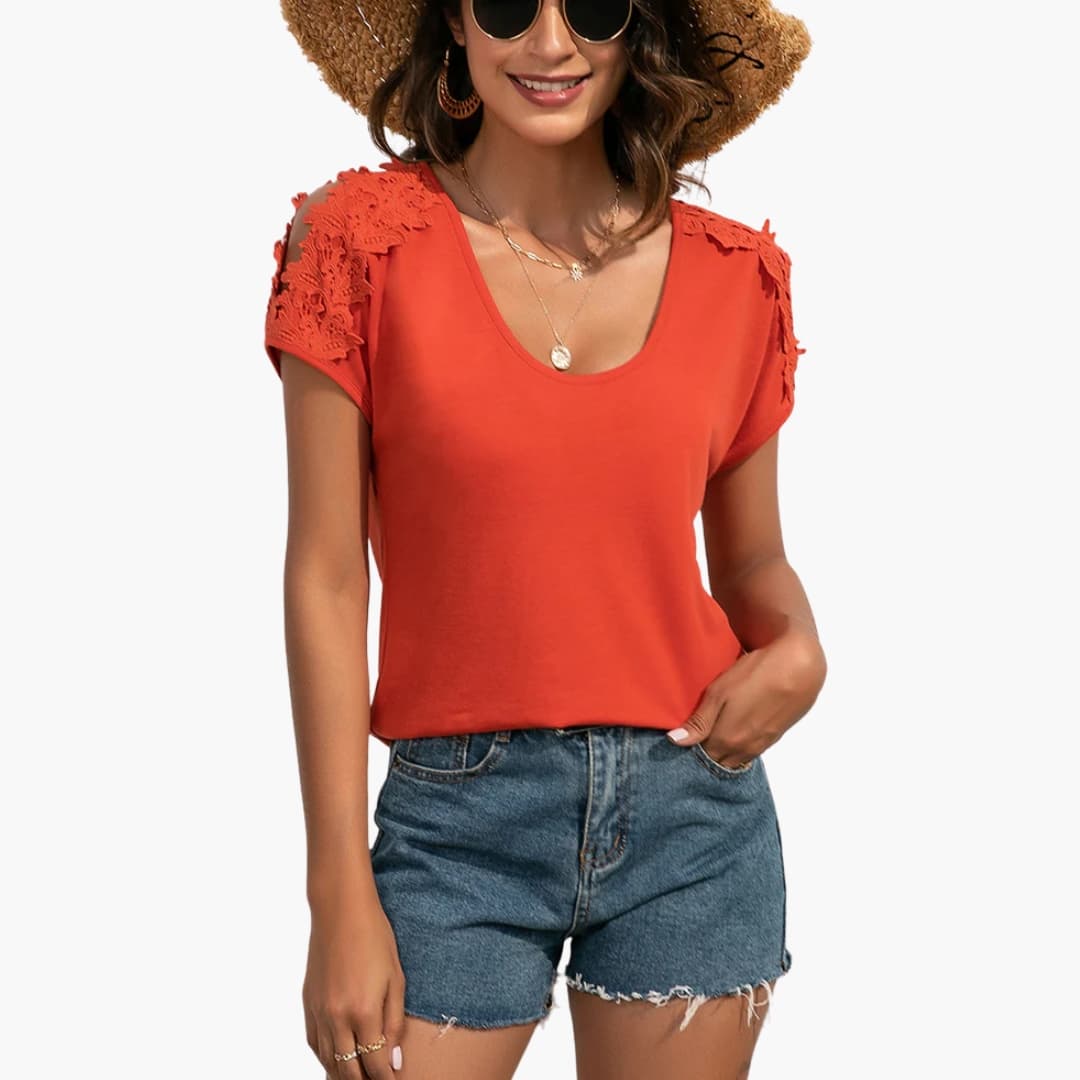 Women's Short Sleeve T-Shirt Floral Lace Trim Crew Neck