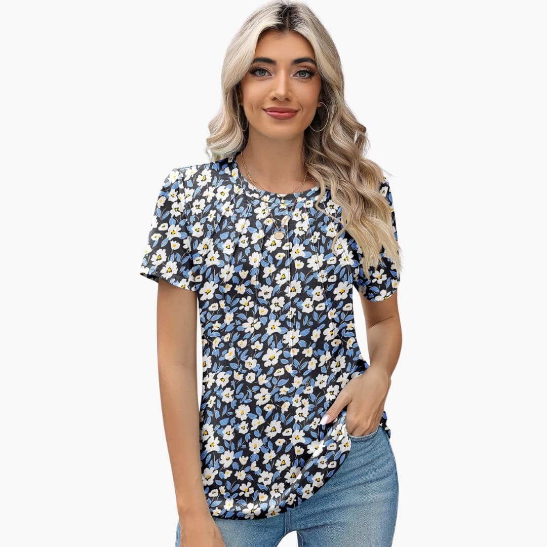 Women's Short Sleeve T-Shirt Crew Neck Pleated Front