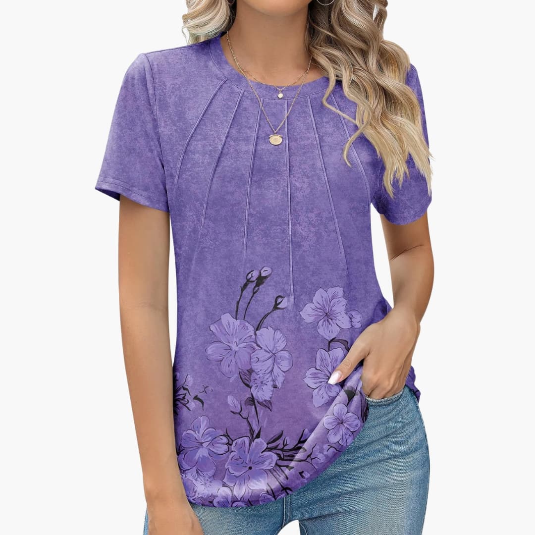 Women's Short Sleeve T-Shirt Crew Neck Pleated Front