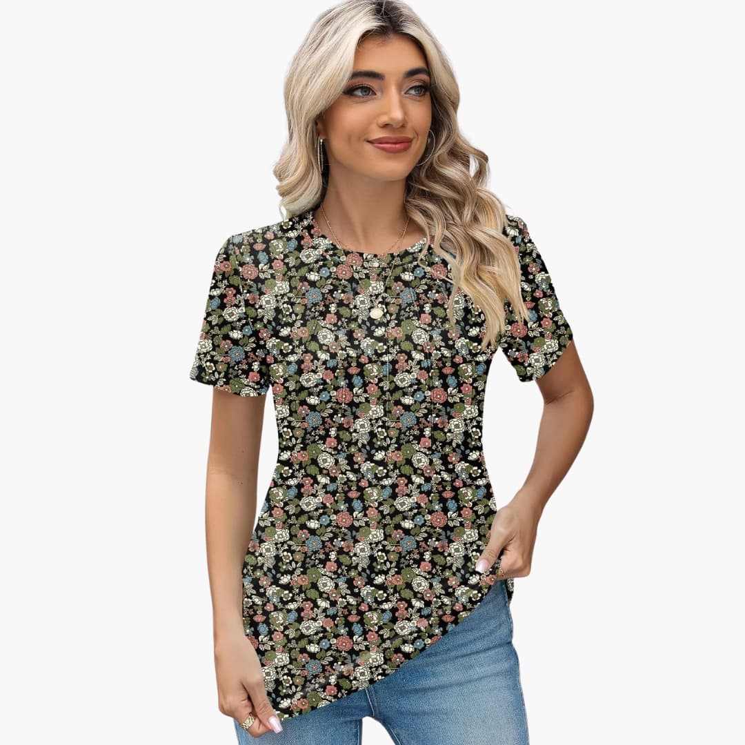 Women's Short Sleeve T-Shirt Crew Neck Pleated Front