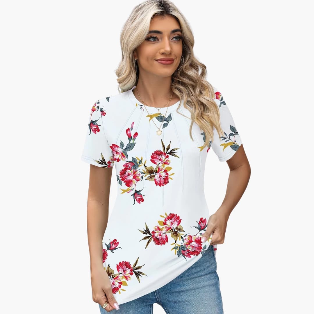 Women's Short Sleeve T-Shirt Crew Neck Pleated Front