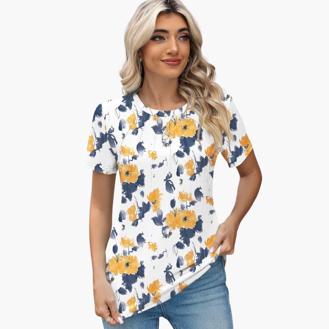 Women's Short Sleeve T-Shirt Crew Neck Pleated Front