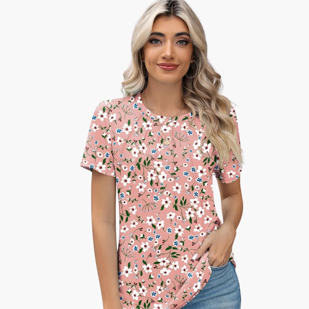 Women's Short Sleeve T-Shirt Crew Neck Pleated Front