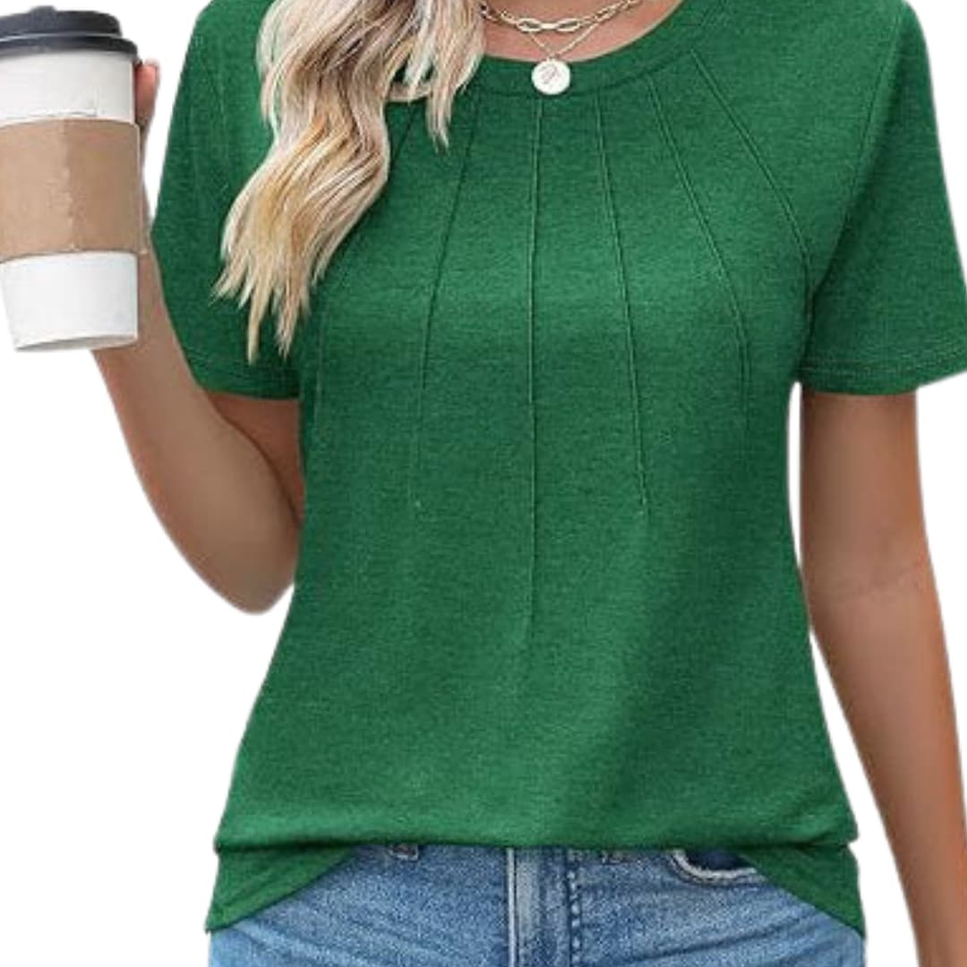 Women's Short Sleeve T-Shirt Crew Neck Pleated Front