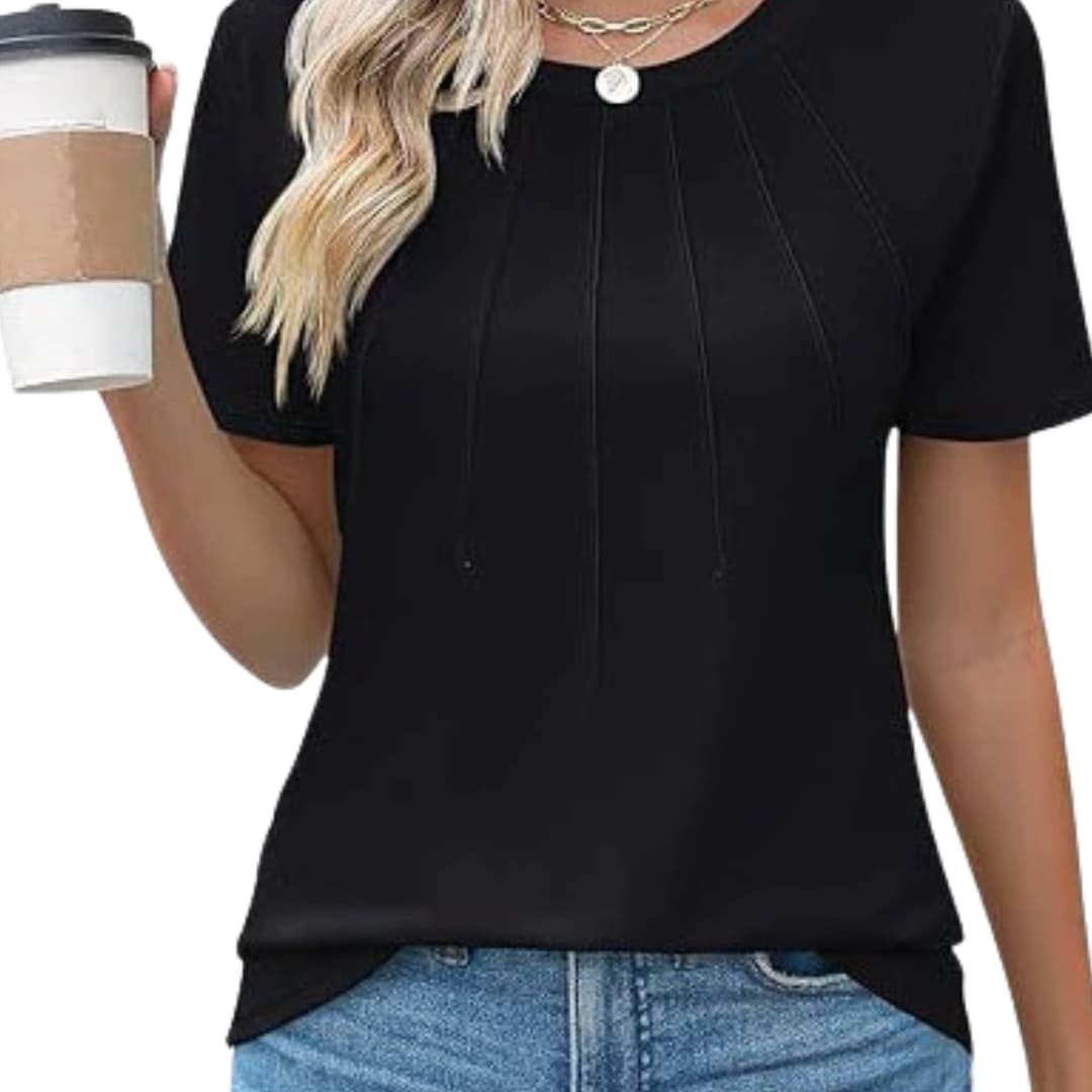 Women's Short Sleeve T-Shirt Crew Neck Pleated Front