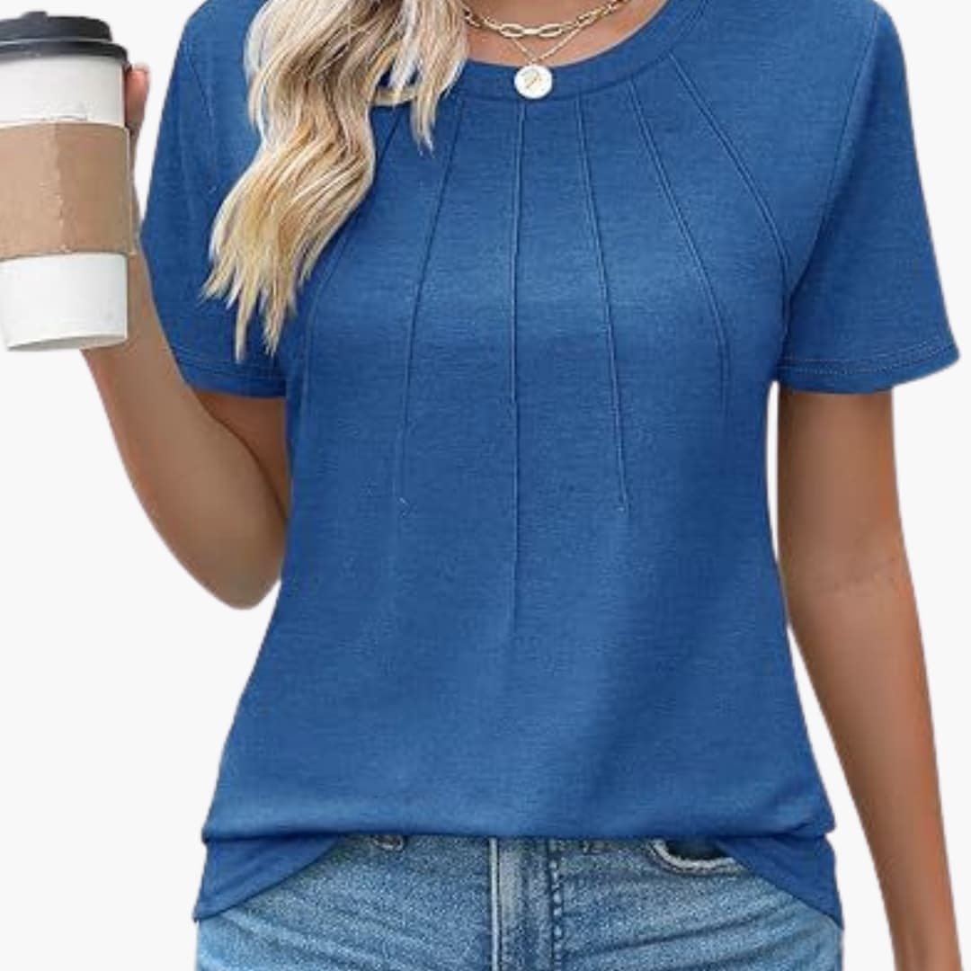 Women's Short Sleeve T-Shirt Crew Neck Pleated Front