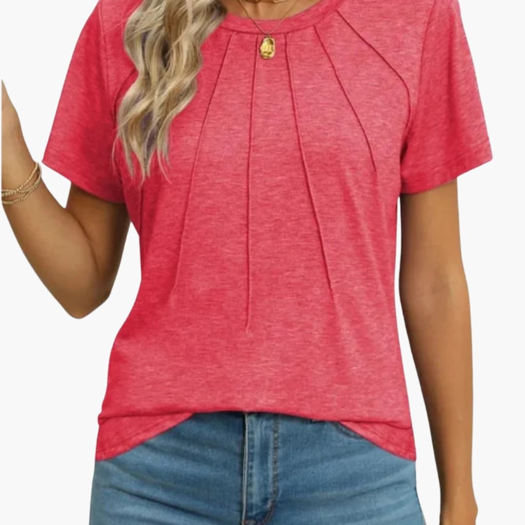 Women's Short Sleeve T-Shirt Crew Neck Pleated Front - Vonnera