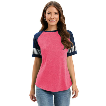 Women's Raglan Crew Neck T-Shirt Striped Short Sleeve