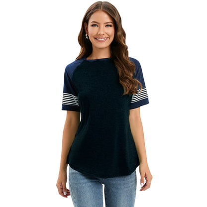 Women's Raglan Crew Neck T-Shirt Striped Short Sleeve
