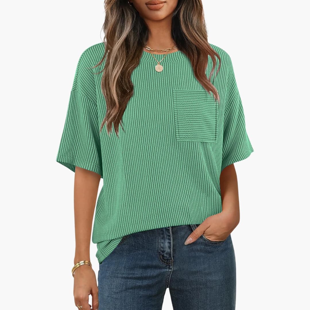 Women's Striped Short Sleeve T-Shirt Cotton Crew Neck Pocket - Vonnera