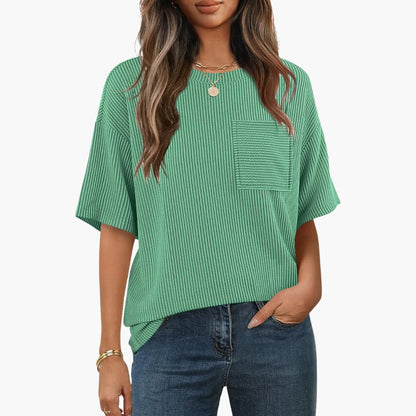 Women's Striped Short Sleeve T-Shirt Cotton Crew Neck Pocket - Vonnera