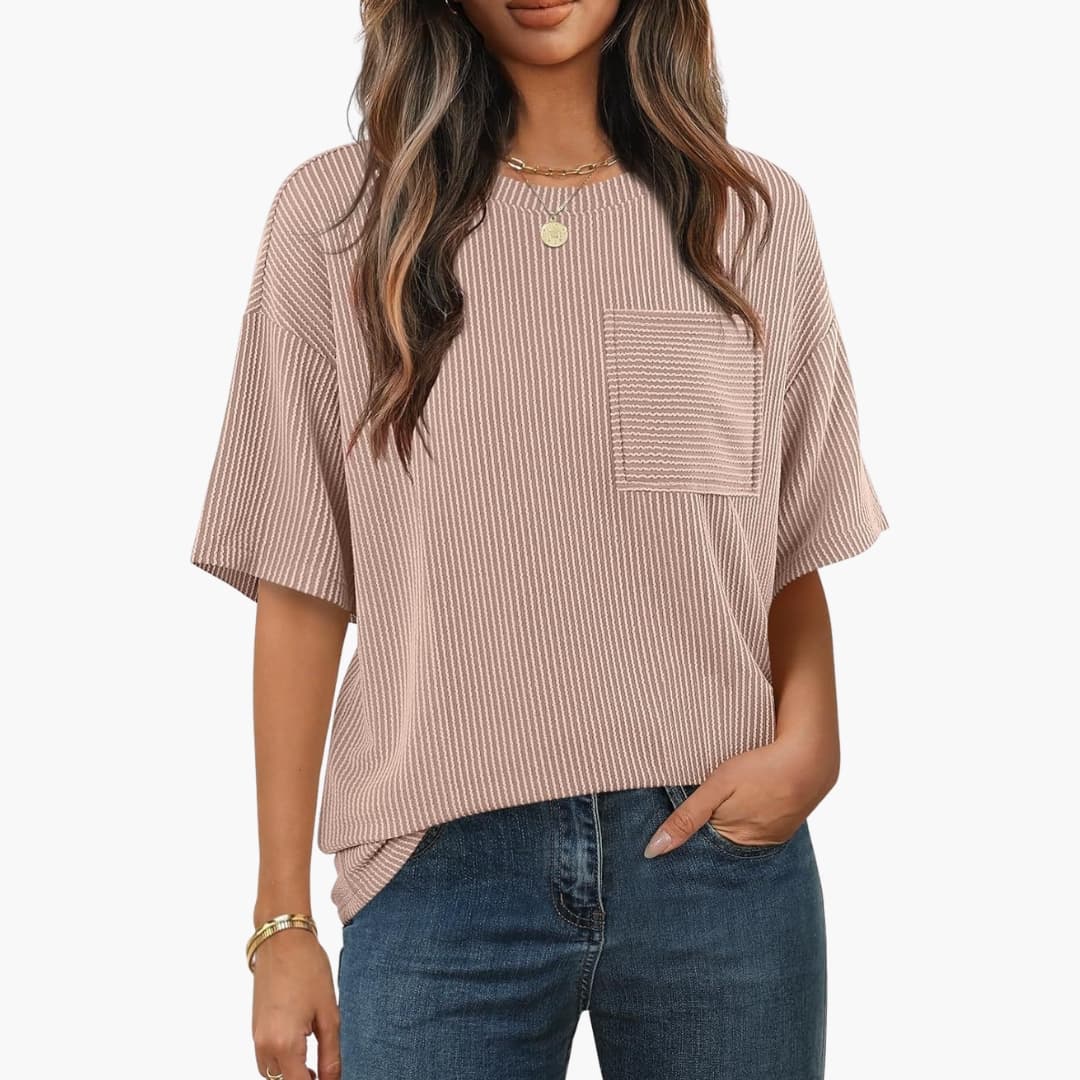 Women's Striped Short Sleeve T-Shirt Cotton Crew Neck Pocket