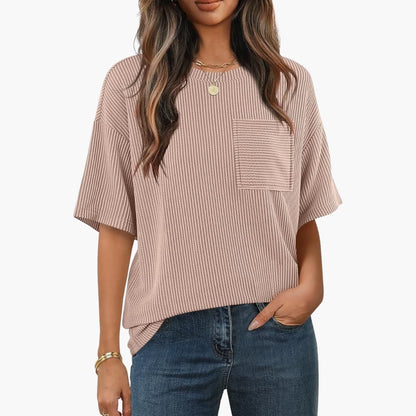 Women's Striped Short Sleeve T-Shirt Cotton Crew Neck Pocket