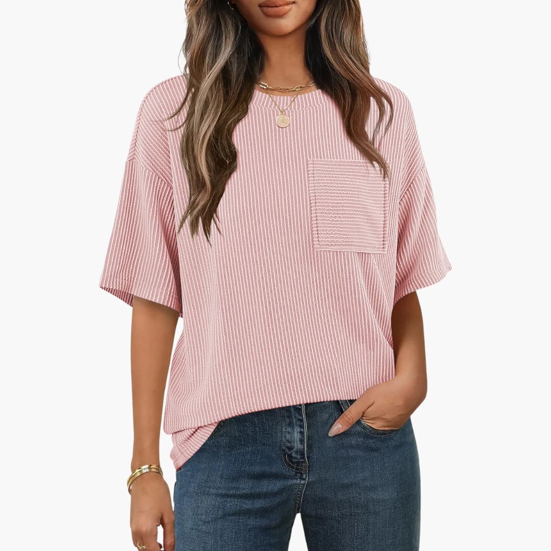 Women's Striped Short Sleeve T-Shirt Cotton Crew Neck Pocket