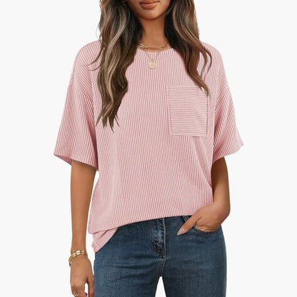 Women's Striped Short Sleeve T-Shirt Cotton Crew Neck Pocket